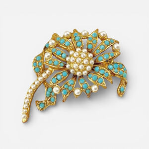 Vintage Gold Tone Turquoise Faux Pearl Flower Brooch.
